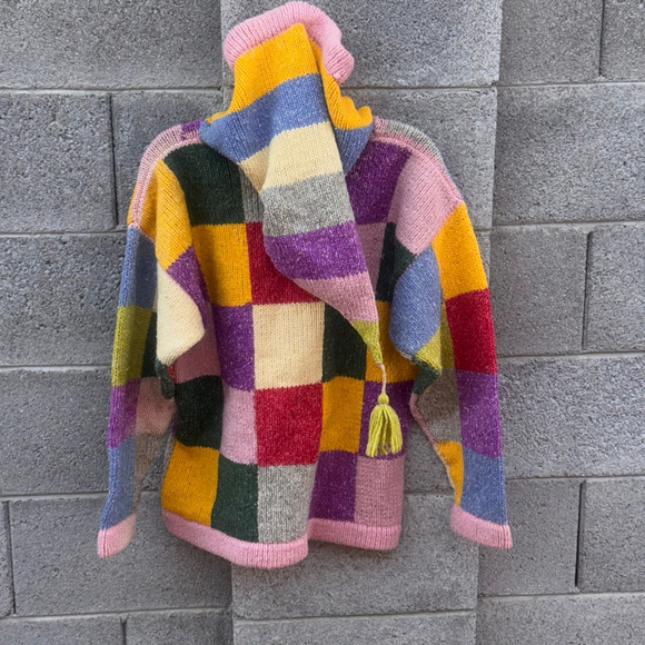Multicolor Patchwork Knit Cardigan Zip Up Hat Hoodie Pom Pom Pointy Size M - Picture 2 of 8